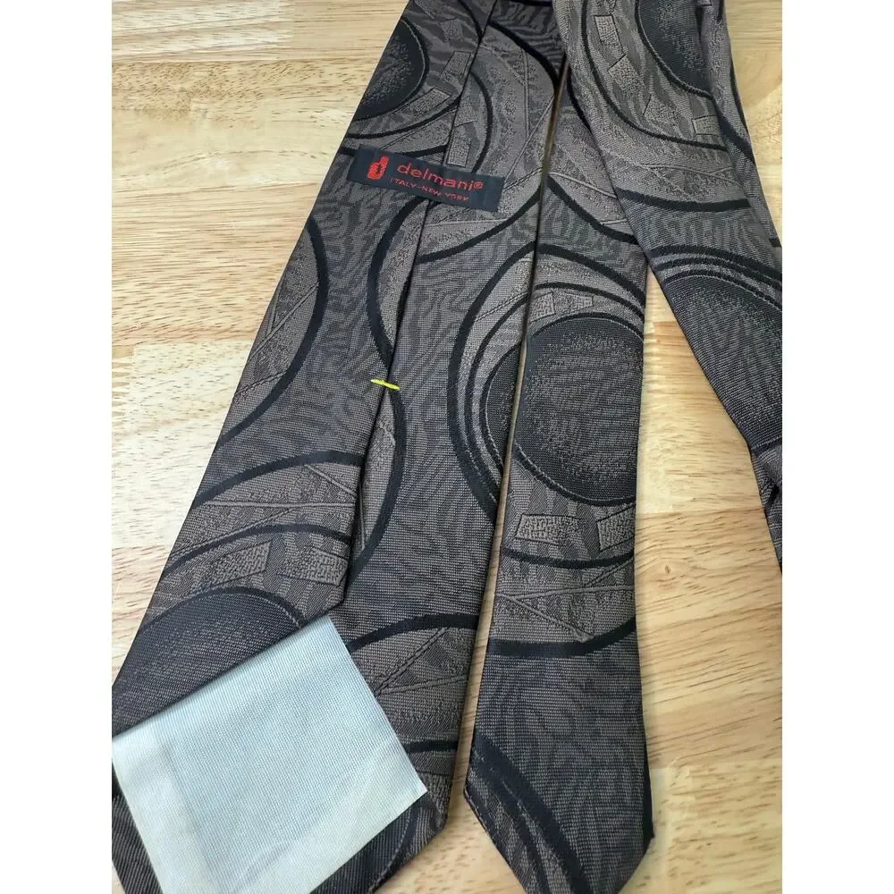 Delmani Italy Men's Neck Tie Dark Taupe Brown Black Abstract